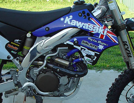 
 Close-up side view 
 Four Stroke Racing 
 2008 Kawasaki KXF 450 SR 
 Rider - Douglas Nowak 
